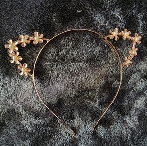 Gold Cat Ear Headband with Pearl Accented Flowers - OS